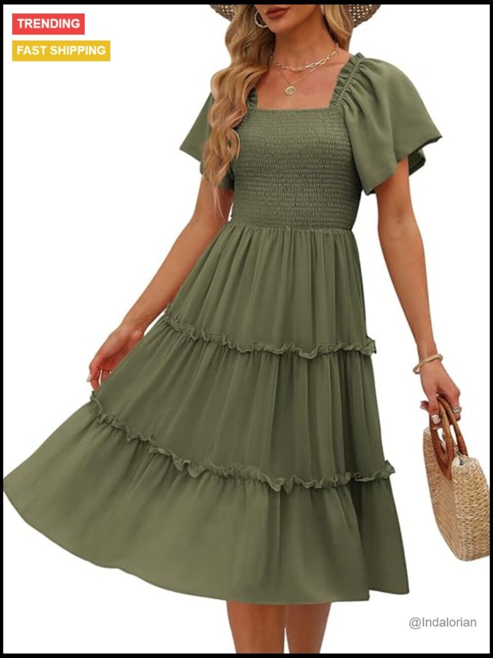 Square Neck Flutter Sleeve Smocked Midi Dress with Ruffle Details